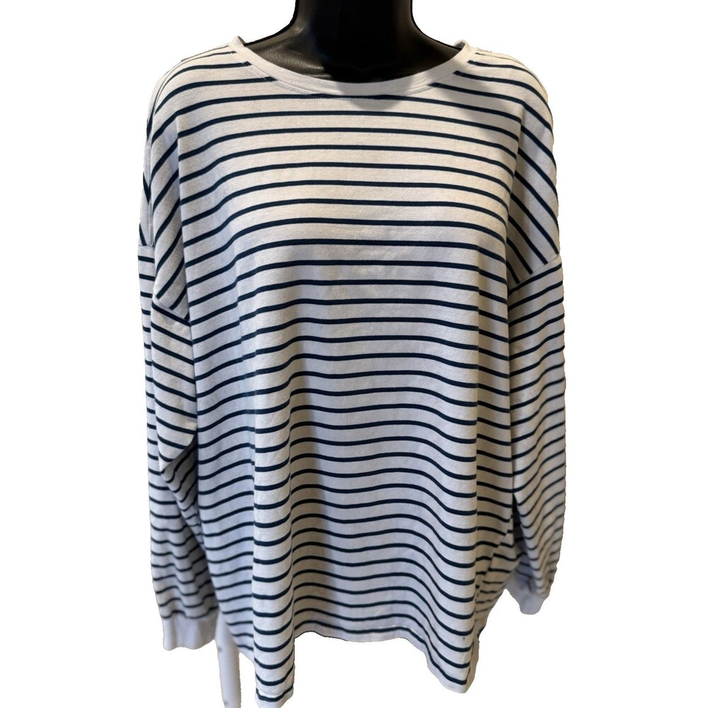 Dazy Womens Long Sleeve Crew Neck Striped Shirt Size XL Drop Shoulder Blue White
